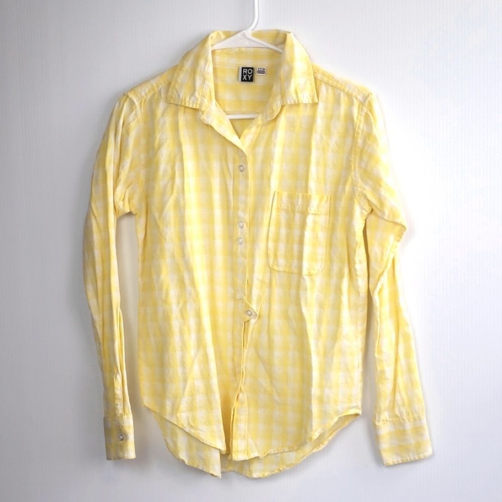 Roxy Women's Yellow Plaid Button Down Blouse Sz S - image 1